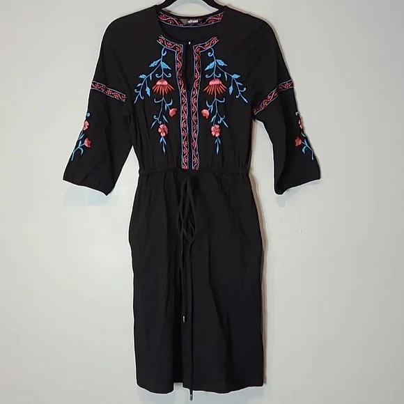 eShakti Embroidered Dress Womens Size 0 Boho Black Fall Festival Prairie Country - Picture 1 of 10